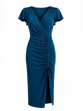 Betsey Johnson Blue Midi Dress Ruched Slit V Neck Flutter Sleeve Size Medium